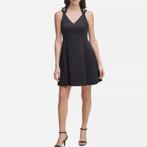 NWT Guess Women Black Embossed Scuba Crepe Halter Fit & Flare Mini Dress Size 16